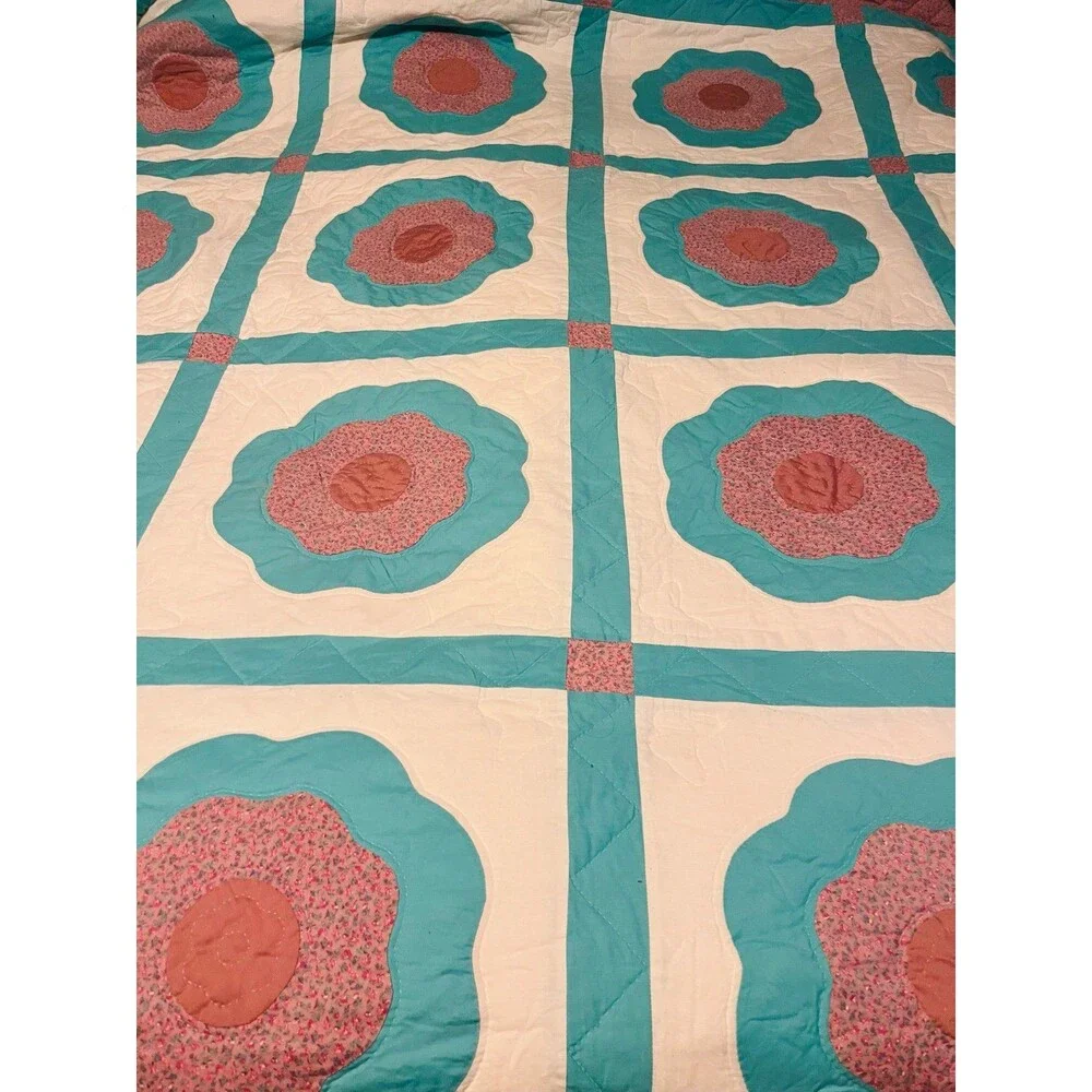Antique grandmothers flower handmade  quilt pink and teal full queen